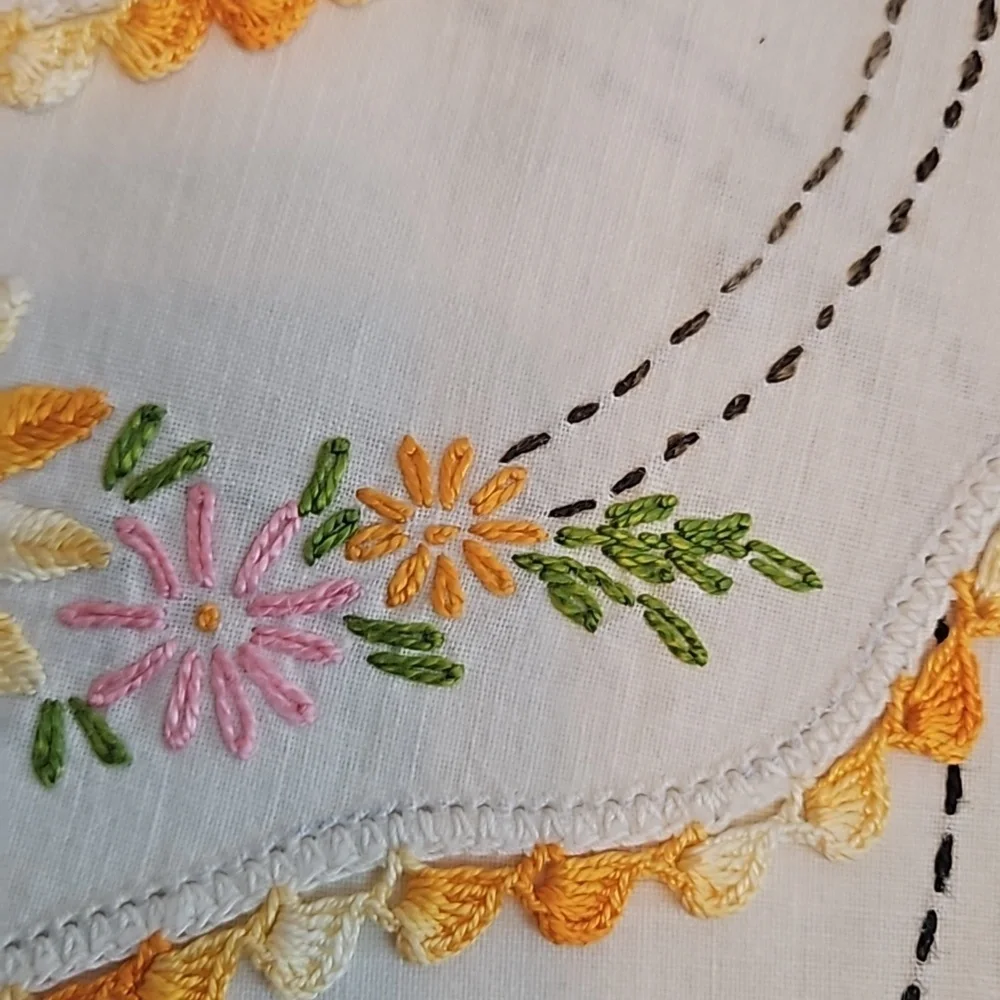 Hand Crafted Needlepoint Doily Circular Set-5 Botanical yellow floral farmhouse